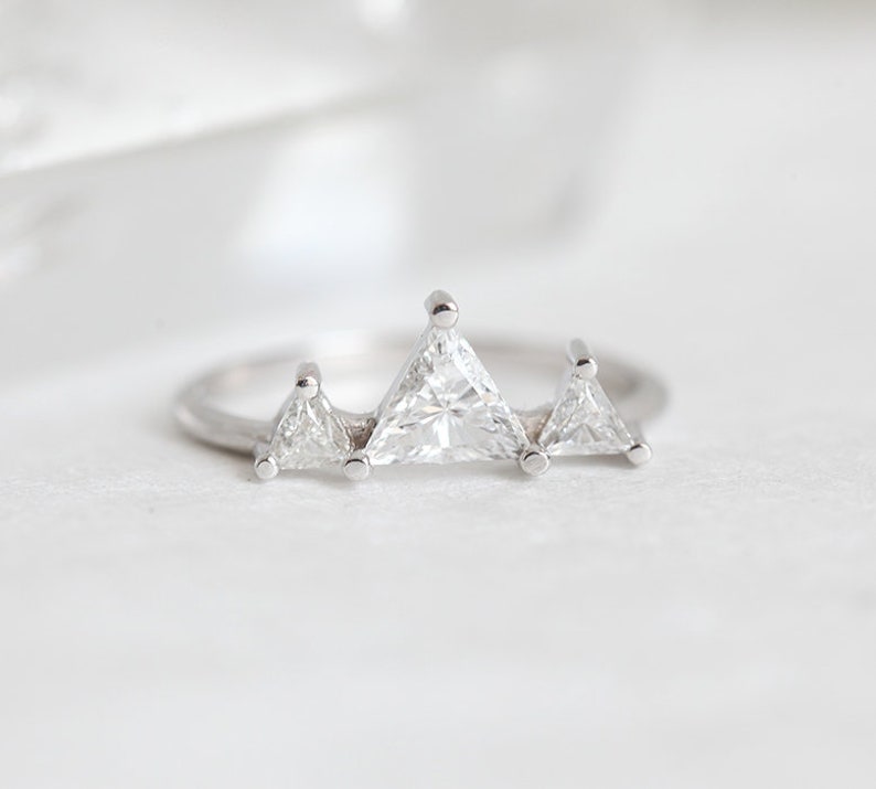 Unique Triangle Diamond Ring, Half Carat Diamond Mountain Ring with trillion diamonds, Three Stone Ring by Minimalvs image 2