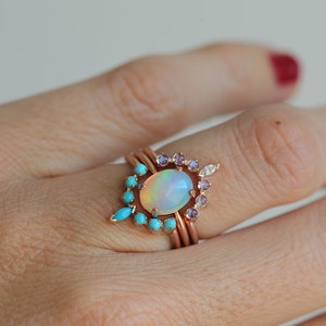 Ocean Ring Set, Engagement Ring Set with Oval Australian Fire Opal, Moonstone, Diamond & Turquoise Curved Band Rings, Bridal or Wedding Set image 4