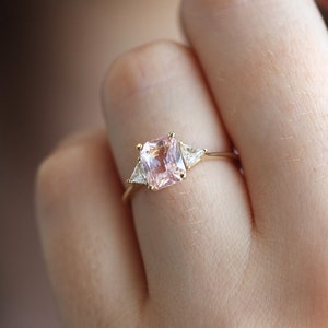 Peach Blush Sapphire Engagement Ring, Radiant Peach Sapphire Ring with Trillion Diamonds, Trillion Diamond Ring by Minimalvs image 10