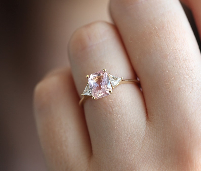Peach Blush Sapphire Engagement Ring, Radiant Peach Sapphire Ring with Trillion Diamonds, Trillion Diamond Ring by Minimalvs image 10