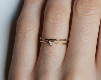 Delicate Diamond Ring Set, Triangle Diamond Ring with Diamond Eternity Band, Delicate Engagement Ring