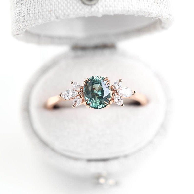 Teal Sapphire Ring, Emerald Cut Engagement Ring, Accent Diamond Ring
