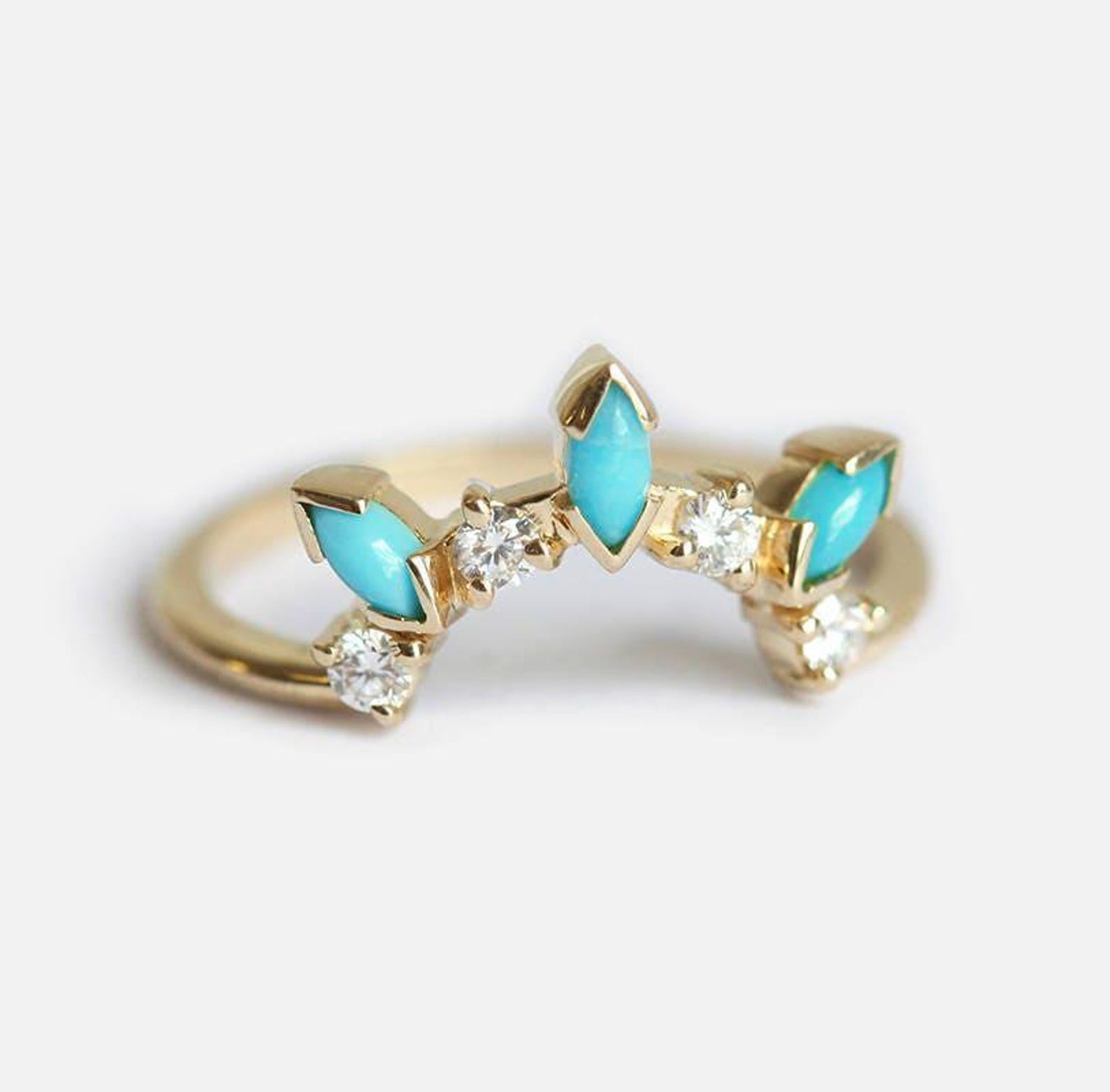 Turquoise Diamond Wedding Band, Curved Diamond Ring With Marquise Turquoise Diamond
Wedding Band, Curved Diamond Ring With Marquise