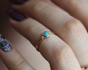 Tiny Turquoise Solitaire Ring Yellow Gold, Simple Yellow Gold Turquoise Ring for Her