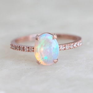 Opal Engagement Ring, Australian Fire Opal & Diamond Ring, Simple Oval ...