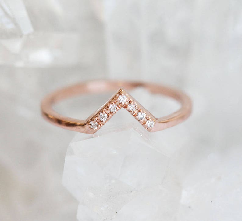 Dainty Gold Wedding Ring, Pave Diamond Chevron Ring, Curved V shaped Wedding Band with Diamonds image 3