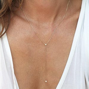 Diamond Lariat Necklace, Princess Diamond Necklace in 14k yellow gold. Rose Gold Lariat, White Gold Lariat Necklace, Delicate Diamond chain