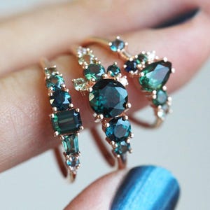 Teal sapphire ring, Engagement cluster, Unique custom multistone ring, DEPOSIT