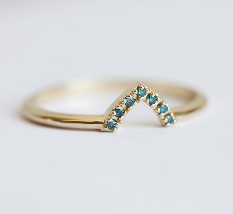 Blue Diamond Wedding Ring, Chevron Band with Blue Diamonds, Yellow Gold V Diamond Ring, Stacking Gold Rings image 1