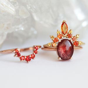 Flame Sunstone Ring Set with Oval Oregon Sunstone and Red, Fire ring Set, Orange, Yellow Sapphires, Unique Autumn Engagement Set image 6