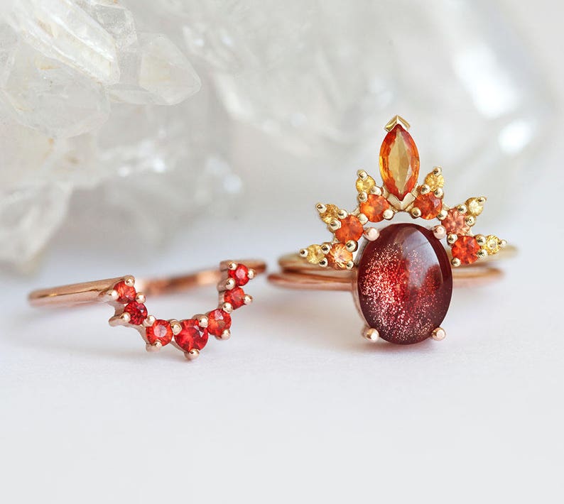 Flame Sunstone Ring Set with Oval Oregon Sunstone and Red, Fire ring Set, Orange, Yellow Sapphires, Unique Autumn Engagement Set image 6