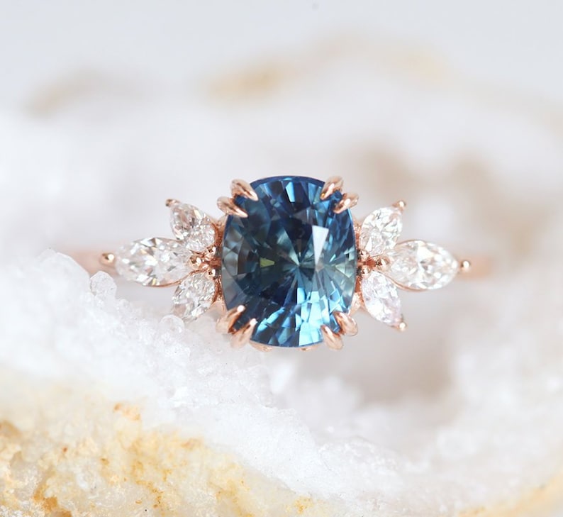 Sapphire engagement ring, Blue sapphire ring, Side diamond ring, Cushion cut ring, Flower ring image 4