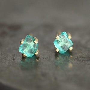 Raw Mint Apatite Studs, Simple Green Earrings, 14k Solid Gold