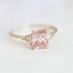 Peach Blush Sapphire Engagement Ring, Radiant Peach Sapphire Ring with Trillion Diamonds, Trillion Diamond Ring by Minimalvs image 3