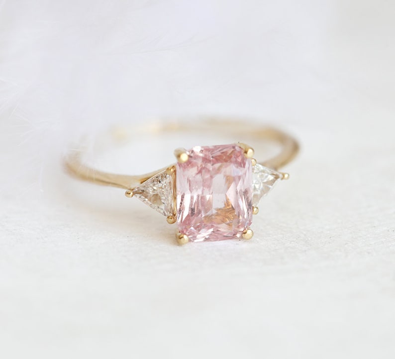 Peach Blush Sapphire Engagement Ring, Radiant Peach Sapphire Ring with Trillion Diamonds, Trillion Diamond Ring by Minimalvs image 3