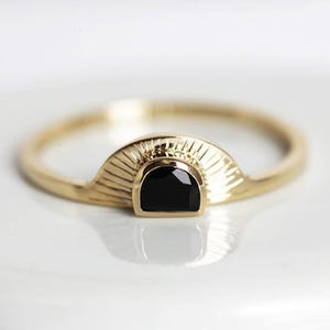 Bohemian Onyx Ring, Half Moon Black Spinel Sunset Ring, Alternative Black Spinel Ring Yellow Gold