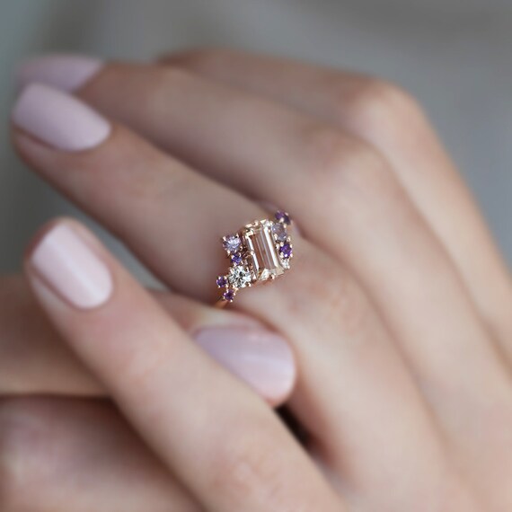 Morganite Cluster Engagement Ring Morganite Baguette Diamond Ring