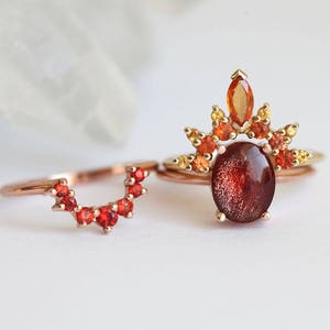 Flame Sunstone Ring Set with Oval Oregon Sunstone and Red, Fire ring Set, Orange, Yellow Sapphires, Unique Autumn Engagement Set image 4