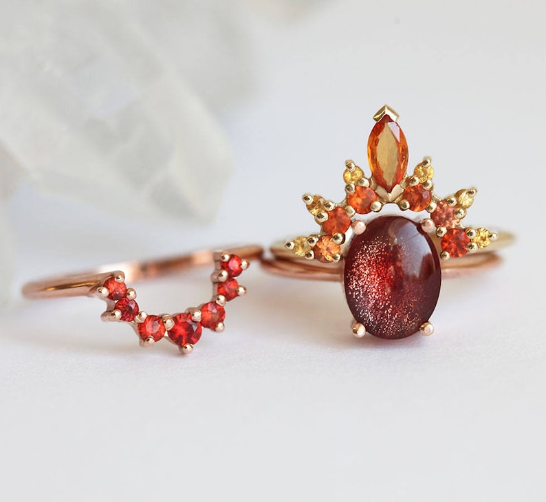 Flame Sunstone Ring Set with Oval Oregon Sunstone and Red, Fire ring Set, Orange, Yellow Sapphires, Unique Autumn Engagement Set image 4