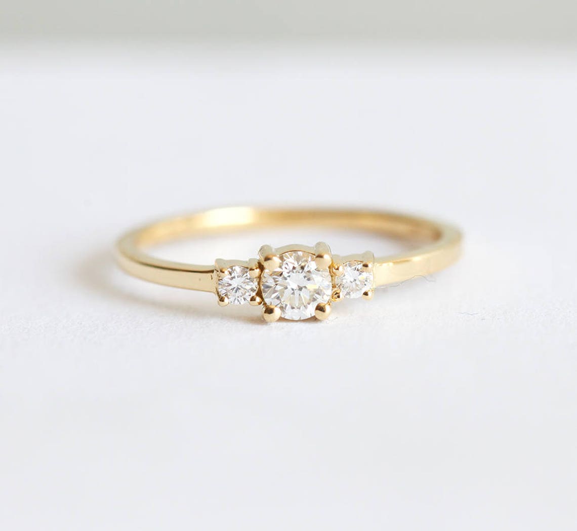 Simple Three Diamond Ring Yellow Gold Diamond Engagement Ring | Etsy