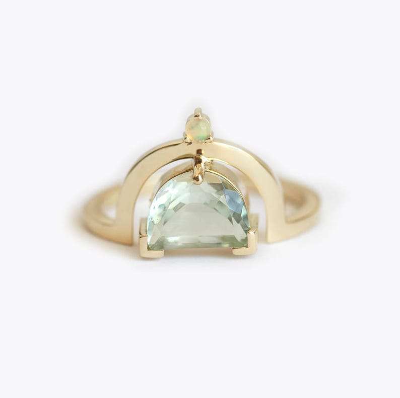 Green amethyst engagement ring, Half moon ring, Unique opal ring, Crescent cut boho ring image 6