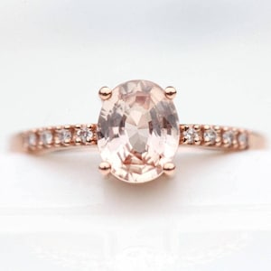 Oval Sapphire Ring, Peach Sapphire Engagement Ring, Simple Sapphire Wedding Ring, Sapphire Ring with pave diamond band