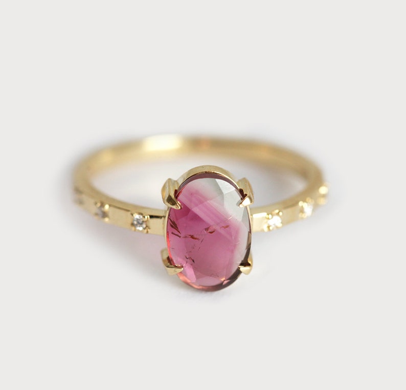Tourmaline Diamond Ring, Unique Engagement, 14k Solid Gold Ring, Diamond Ring image 1