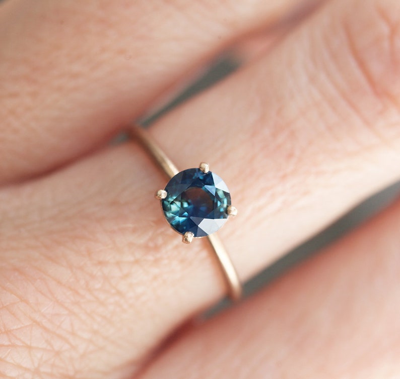 Simple Blue Sapphire Engagement Ring, Sapphire Solitaire Engagement Ring, Four Prong Teal Sapphire Ring with matte band image 5