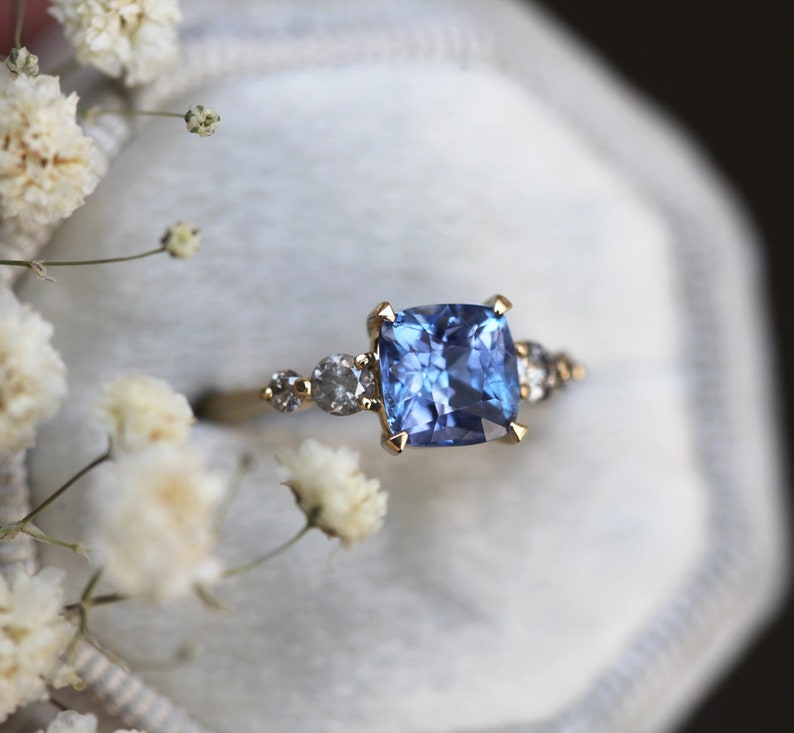 2ct Blue Sapphire Cushion Ring, Sapphire Engagement Ring with Salt Pepper Diamonds, Sapphire Diamond Engagement Ring, Blue Cushion Ring image 8