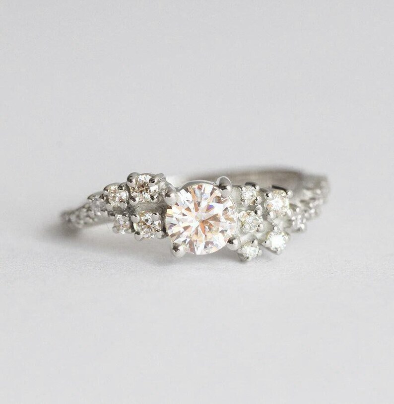 Diamond cluster ring, Moissanite engagement ring, Wave wedding ring, Unique gia bubbles ring image 7