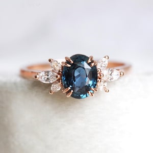 Oval Blue Sapphire Diamond Ring, Blue Sapphire Engagement Ring with Side Diamonds, Oval Cut Sapphire Ring