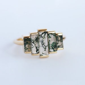 Art deco engagement ring, Moss agate ring, Baguette cut ring, Unique green ring image 10