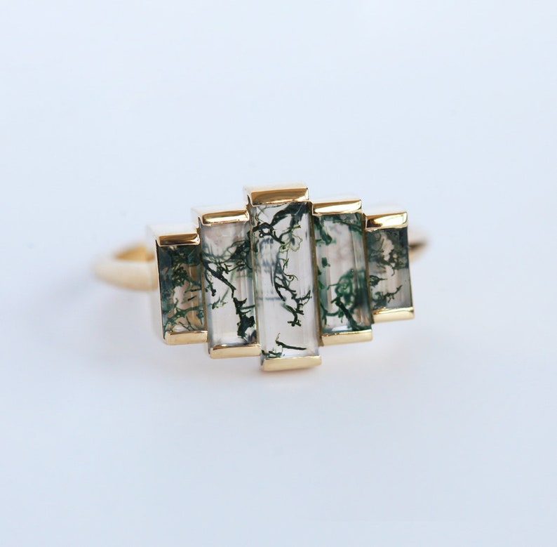Art deco engagement ring, Moss agate ring, Baguette cut ring, Unique green ring image 10
