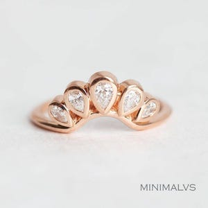 Solitaire Round Diamond ring with Curved Diamond Crown, Pear Diamond Band, Unique Diamond Engagement Set, Wedding Rign Set image 5