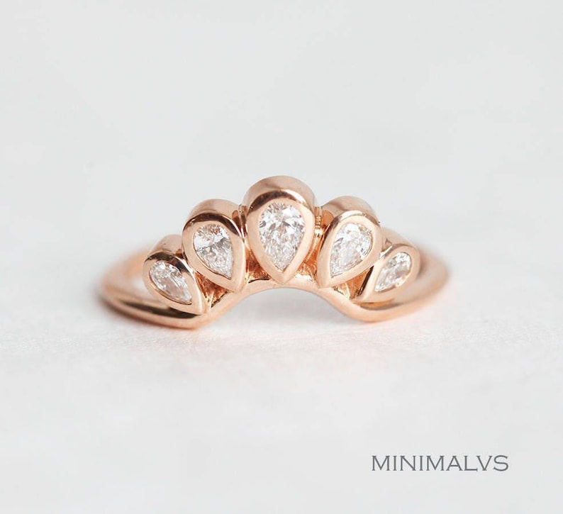 Solitaire Round Diamond ring with Curved Diamond Crown, Pear Diamond Band, Unique Diamond Engagement Set, Wedding Rign Set image 5