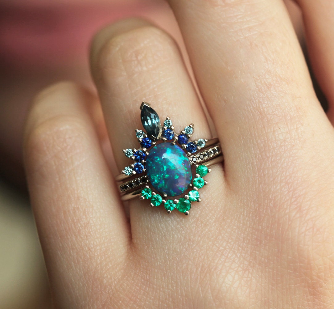 Black Opal Ring Set Unique Engagement Set Teal Blue Wedding Set