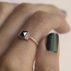 Square Black Diamond Ring Rose Gold, Modern Rose Gold Diamond Engagement Ring with Princess Cut Black Diamond, Pointed Diamond Ring