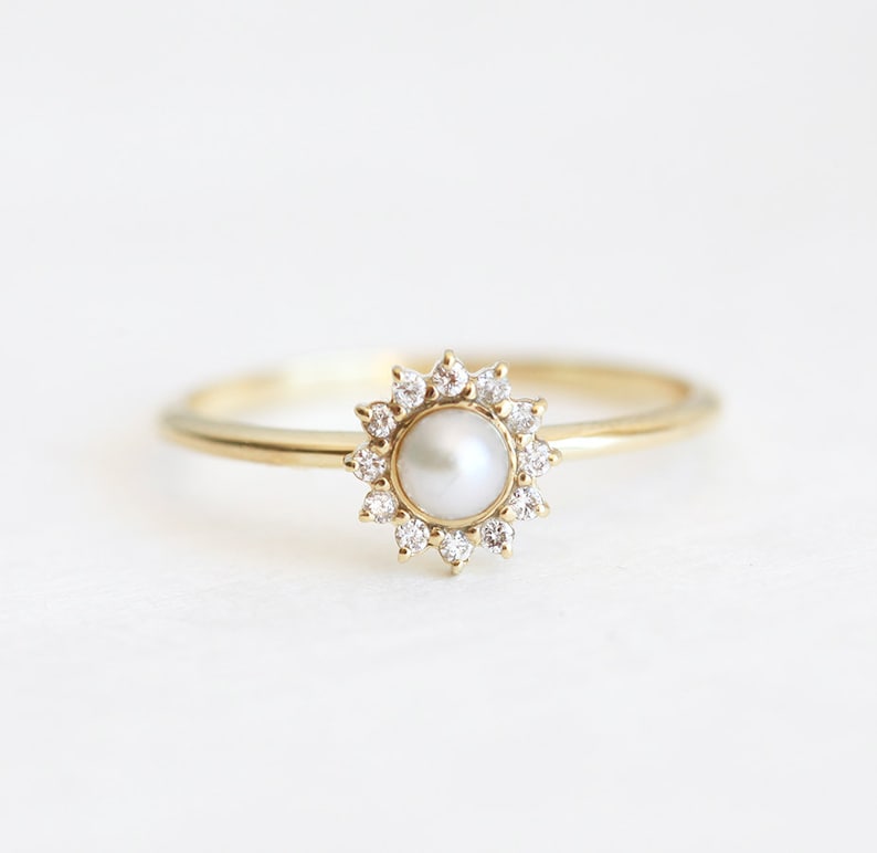 Gold Pearl Ring, Halo Diamond Pearl Ring, 14k Freshwater Pearl Ring, 18k Gold Ring image 2