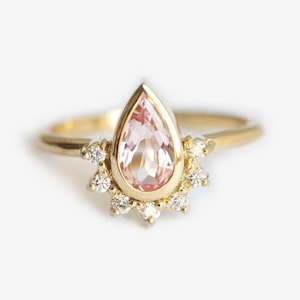Pear peach sapphire ring, Tiara sapphire engagement ring