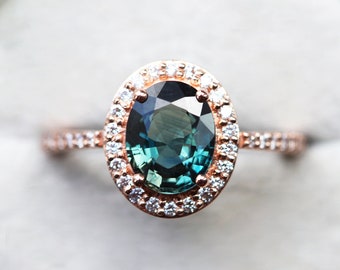 Blue green sapphire engagement ring, Oval peacock sapphire halo diamond ring rose gold