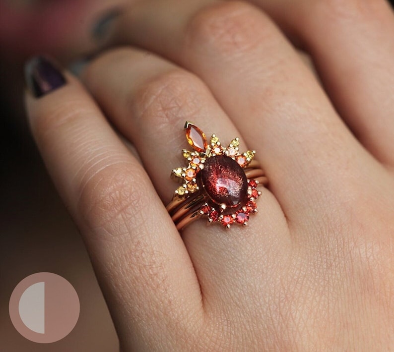 Flame Sunstone Ring Set with Oval Oregon Sunstone and Red, Fire ring Set, Orange, Yellow Sapphires, Unique Autumn Engagement Set image 1