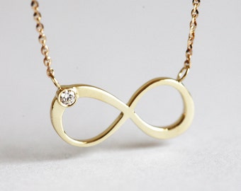Gold Diamond Infinity Necklace, Solid Gold Infinity Necklace, 14k Gold Dainty Petite Infinity Necklace
