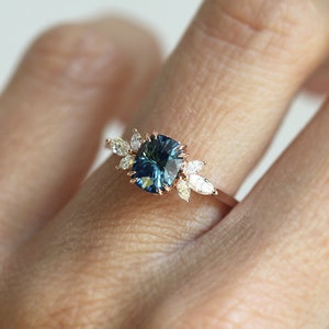 Sapphire engagement ring, Blue sapphire ring, Side diamond ring, Cushion cut ring, Flower ring image 7