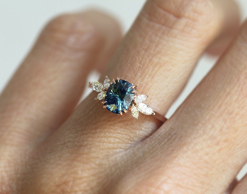 Sapphire engagement ring, Blue sapphire ring, Side diamond ring, Cushion cut ring, Flower ring image 7