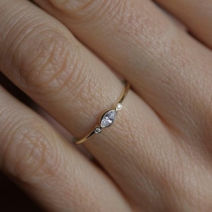 Thin Delicate Marquise Diamond Engagement Ring, Three Diamond Ring, Three Stone Engagement Ring