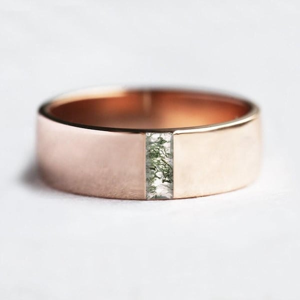 Baguette moss herenband, Moss agaat band minimalistische roségouden herenring