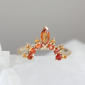 Flame Sunstone Ring Set with Oval Oregon Sunstone and Red, Fire ring Set, Orange, Yellow Sapphires, Unique Autumn Engagement Set image 10