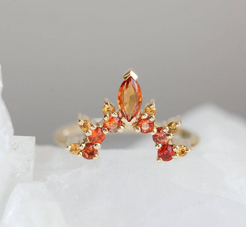 Flame Sunstone Ring Set with Oval Oregon Sunstone and Red, Fire ring Set, Orange, Yellow Sapphires, Unique Autumn Engagement Set image 10