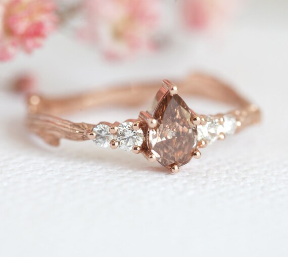 Unique Champagne Diamond Ring Pear Diamond Ring Rose Gold
