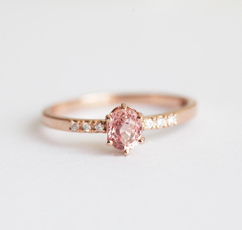 Rose Gold Diamond and Sapphire Ring with Oval Peach Sapphire, Sapphire Ring image 6